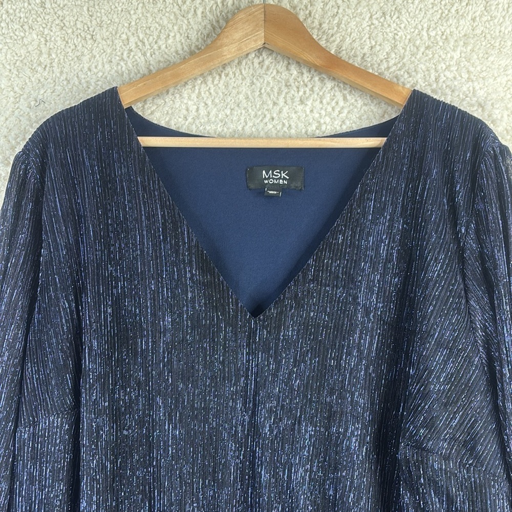 NWT MSK Womens Navy Blue Metallic Smocked V-Neck Long Sleeve Midi Dress PLUS 3X - Picture 3 of 13